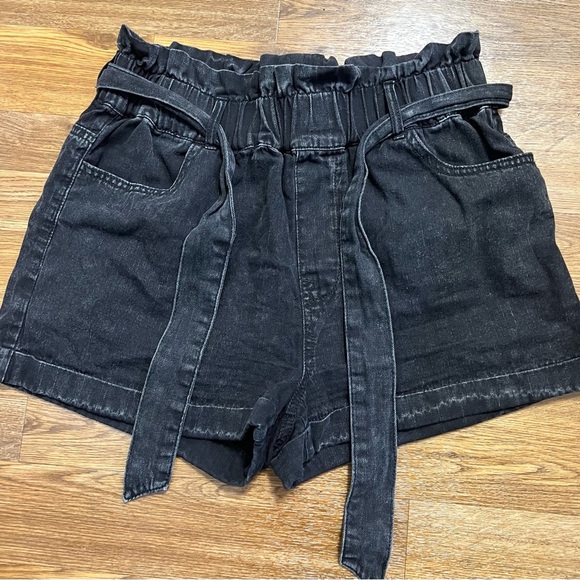tgla black faded wash denim high rise paper bag shorts elastic waist sash belt S - Picture 2 of 6